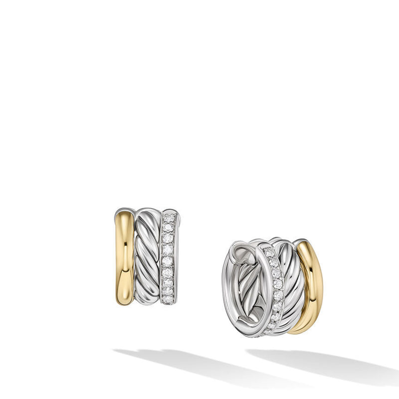 DY Mercer Huggie Hoop Earrings in Sterling Silver with 18K Yellow Gold and Pave Diamonds