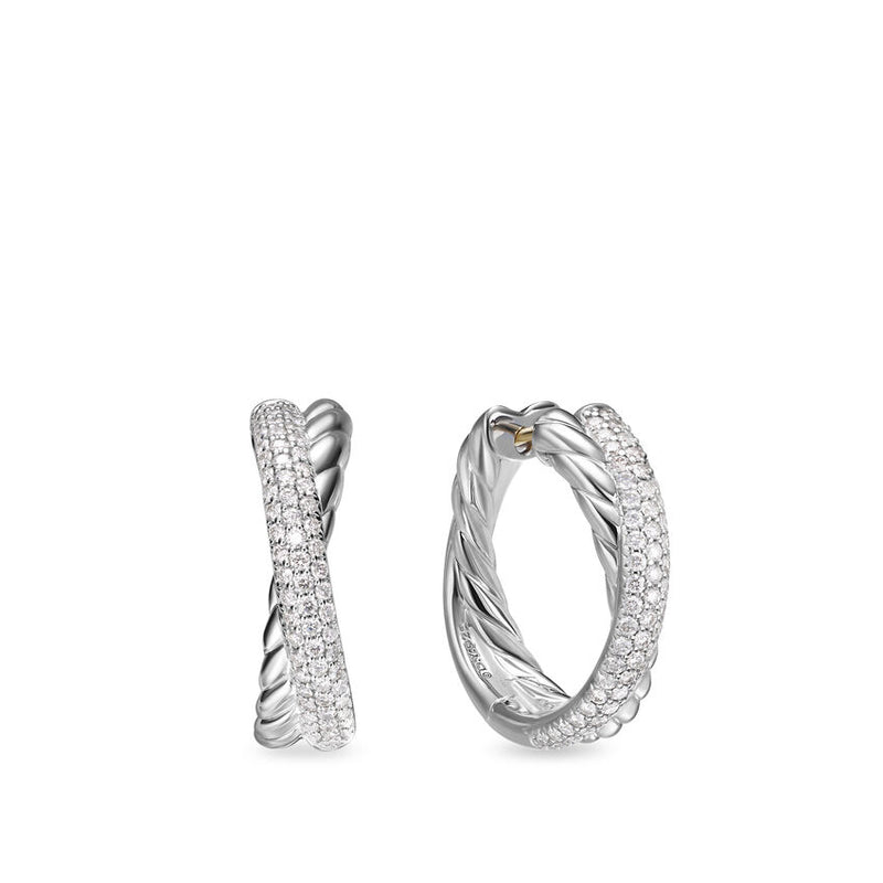 David Yurman Crossover Hoop Earrings in Sterling Silver with Diamonds, 22.4mm