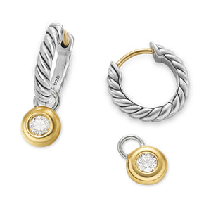 David Yurman Petite Cable Huggie Drop Earrings in Sterling Silver with 14K Yellow gold and Center Diamond, 17.5mm