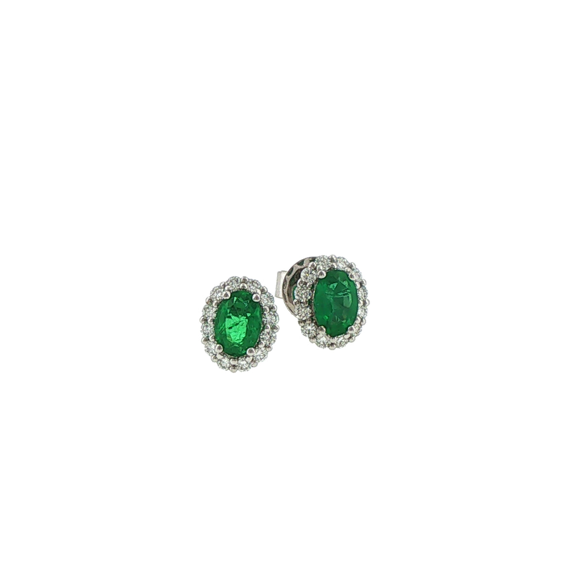 18K White Gold Oval Cut Emerald Diamond Stud Earrings