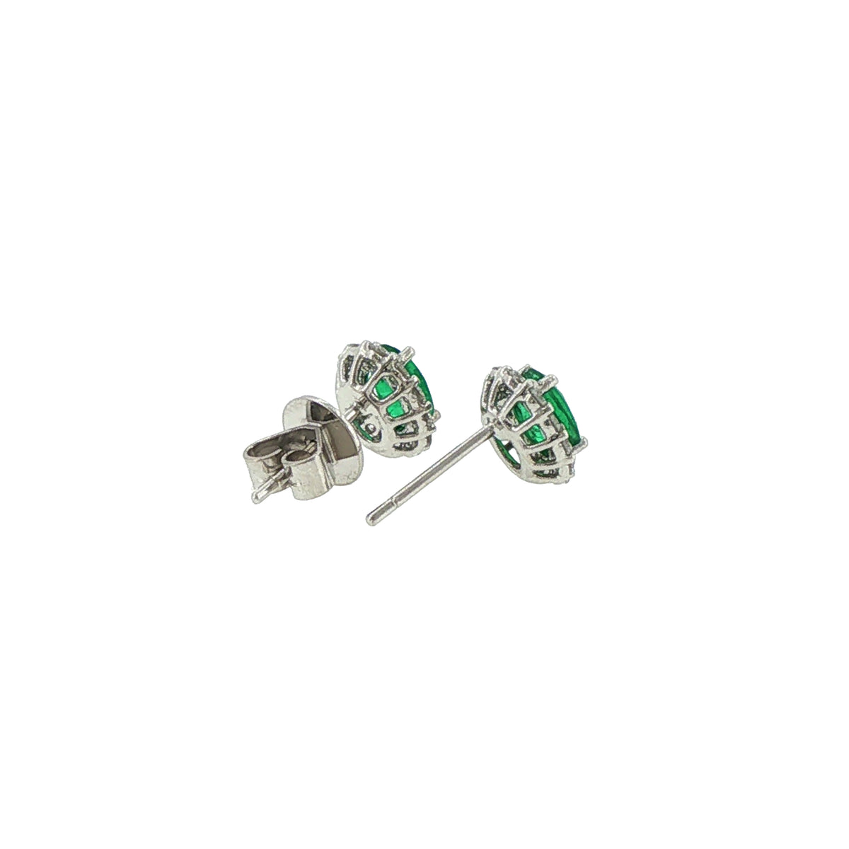 18K White Gold Oval Cut Emerald Diamond Stud Earrings