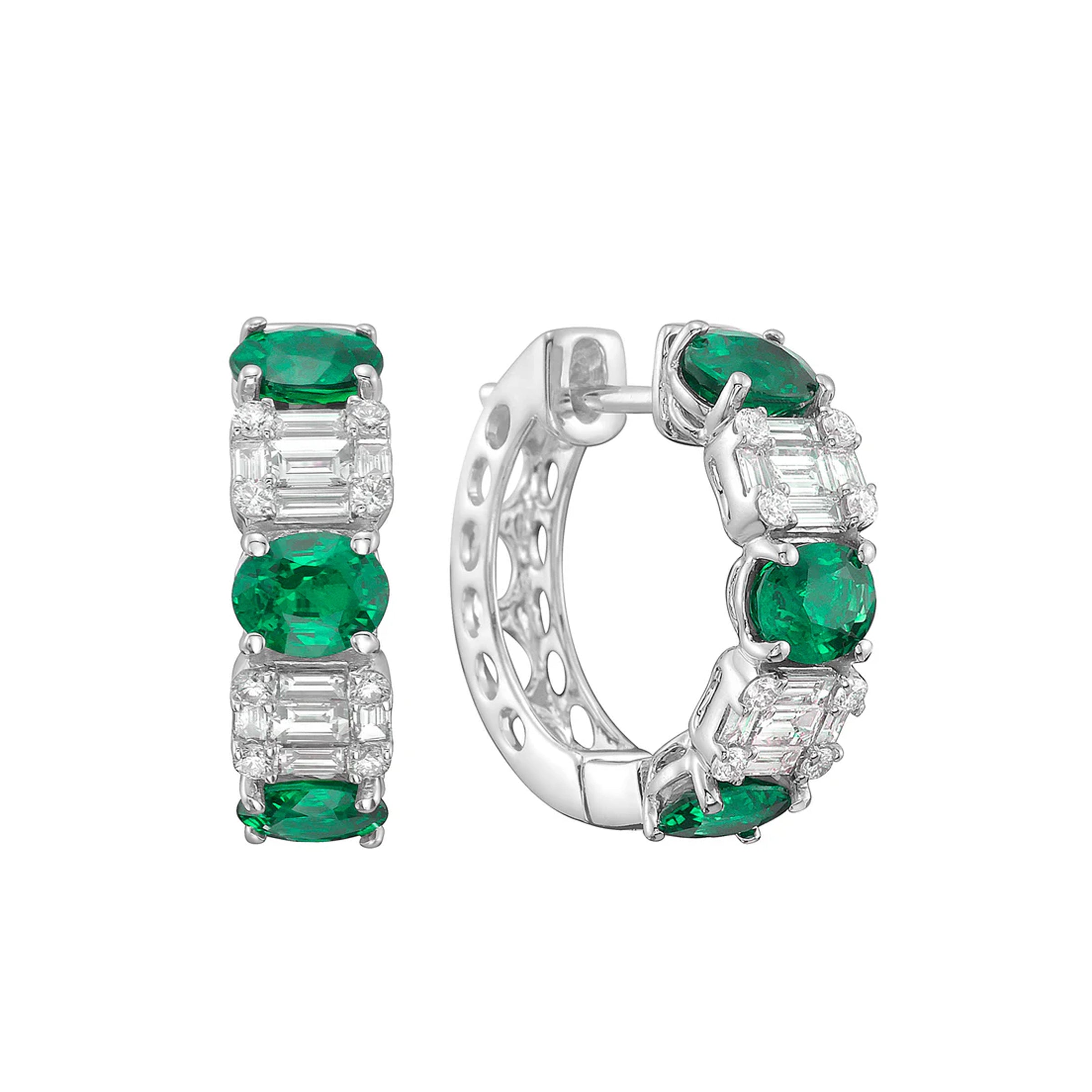 18K White Gold Emerald and Baguette Diamond Hoop Earrings