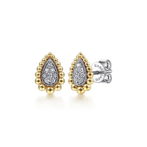 Gabriel 14K Yellow-White Gold Teardrop Shape Beaded Frame Diamond Stud Earrings