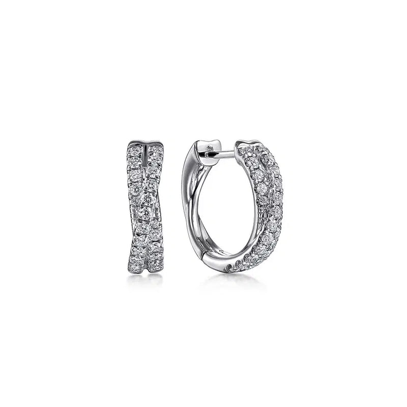 Gabriel 14K White Gold 15mm Diamond Criss Cross Huggie Earrings