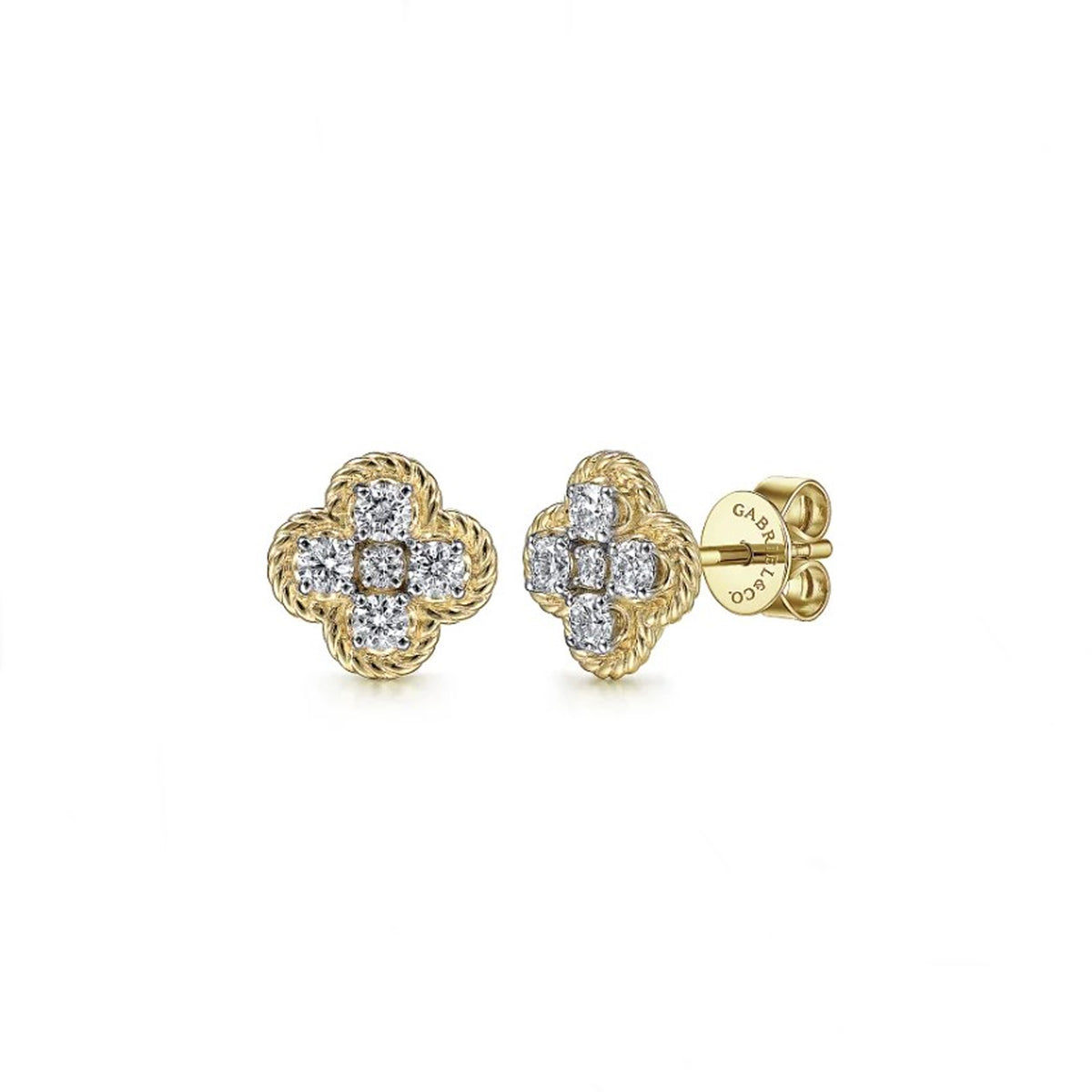 Gabriel & Co. 14K Yellow Gold Twisted Rope Clover Diamond Stud Earrings