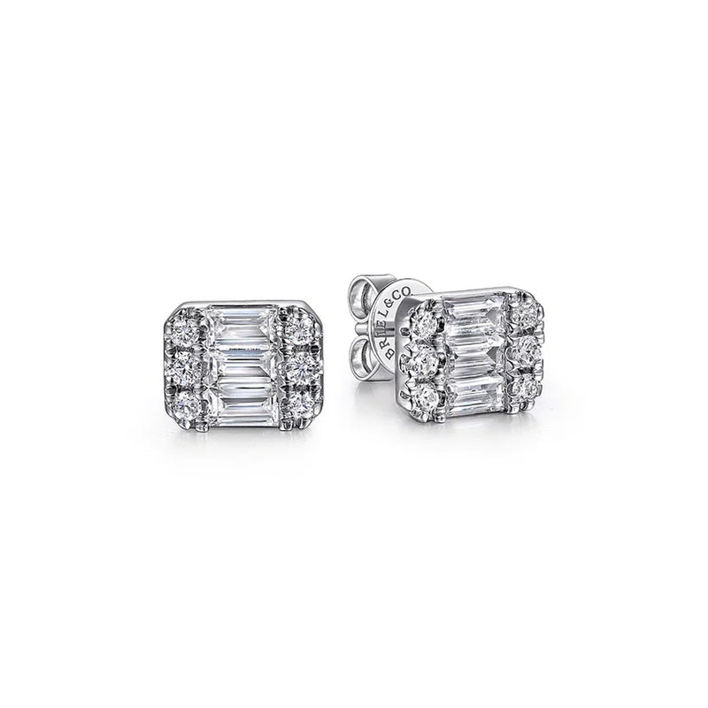 14K White Gold Baguette and Round Rectangular Diamond Earrings