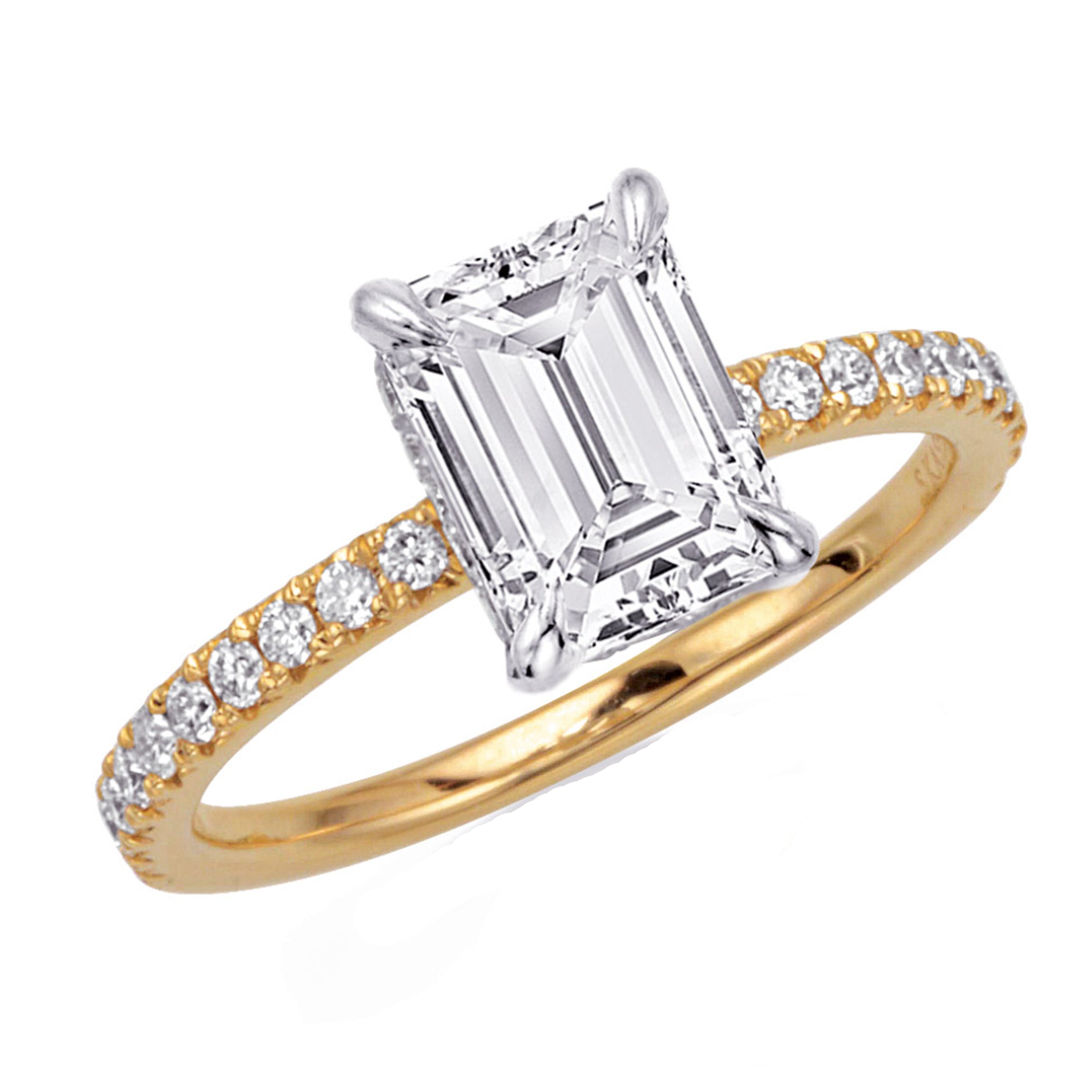 14K Yellow & White Gold Micro Pave Emerald Cut Engagement Ring Mounting