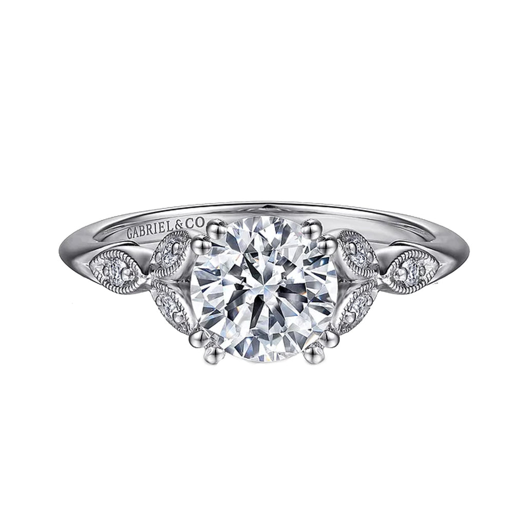 Gabriel "Celia" 14K White Gold Trio Milgrain Petal Victorian Style Round Engagement Ring Mounting