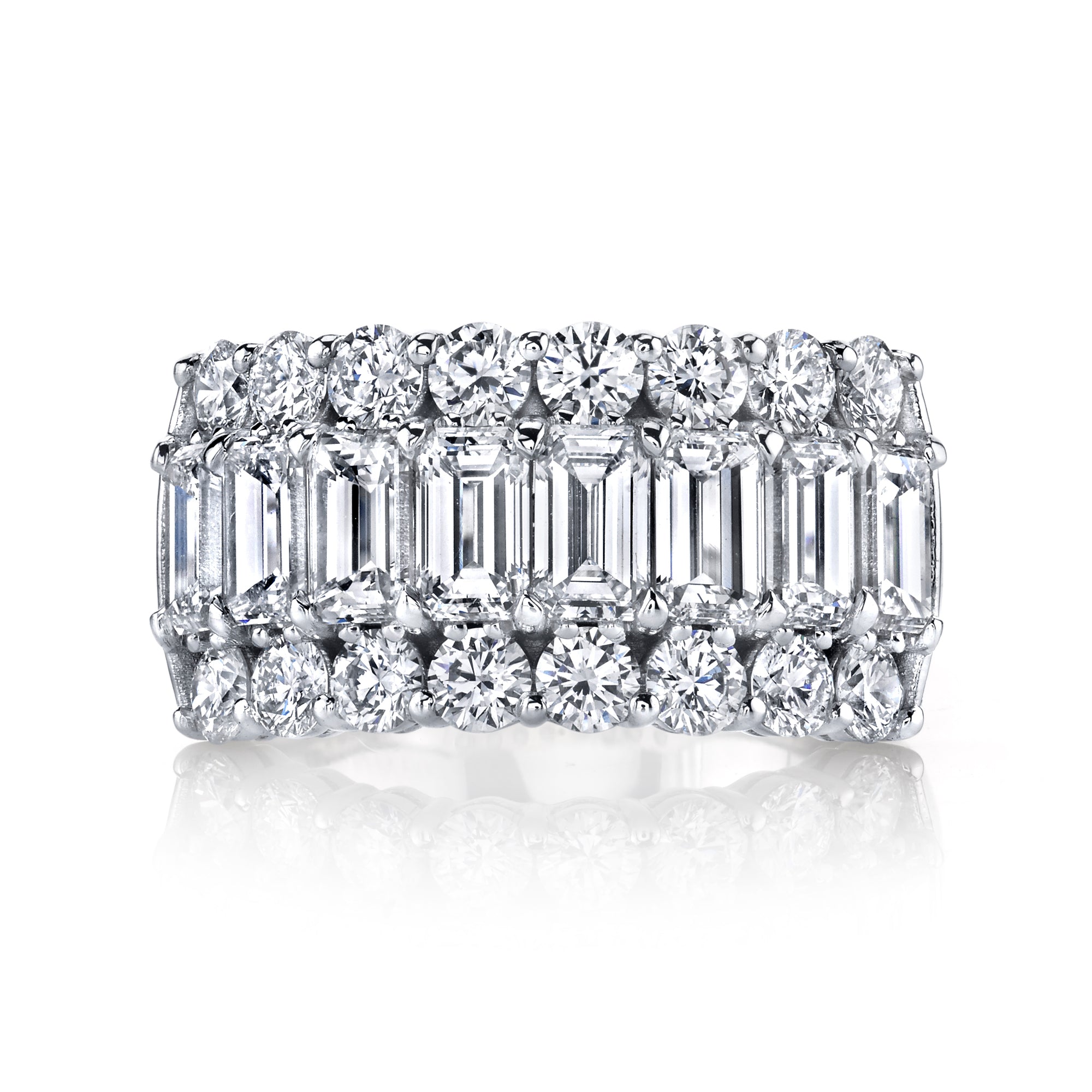 18K White Gold 3-Row Emerald Cut and Round Diamond Band