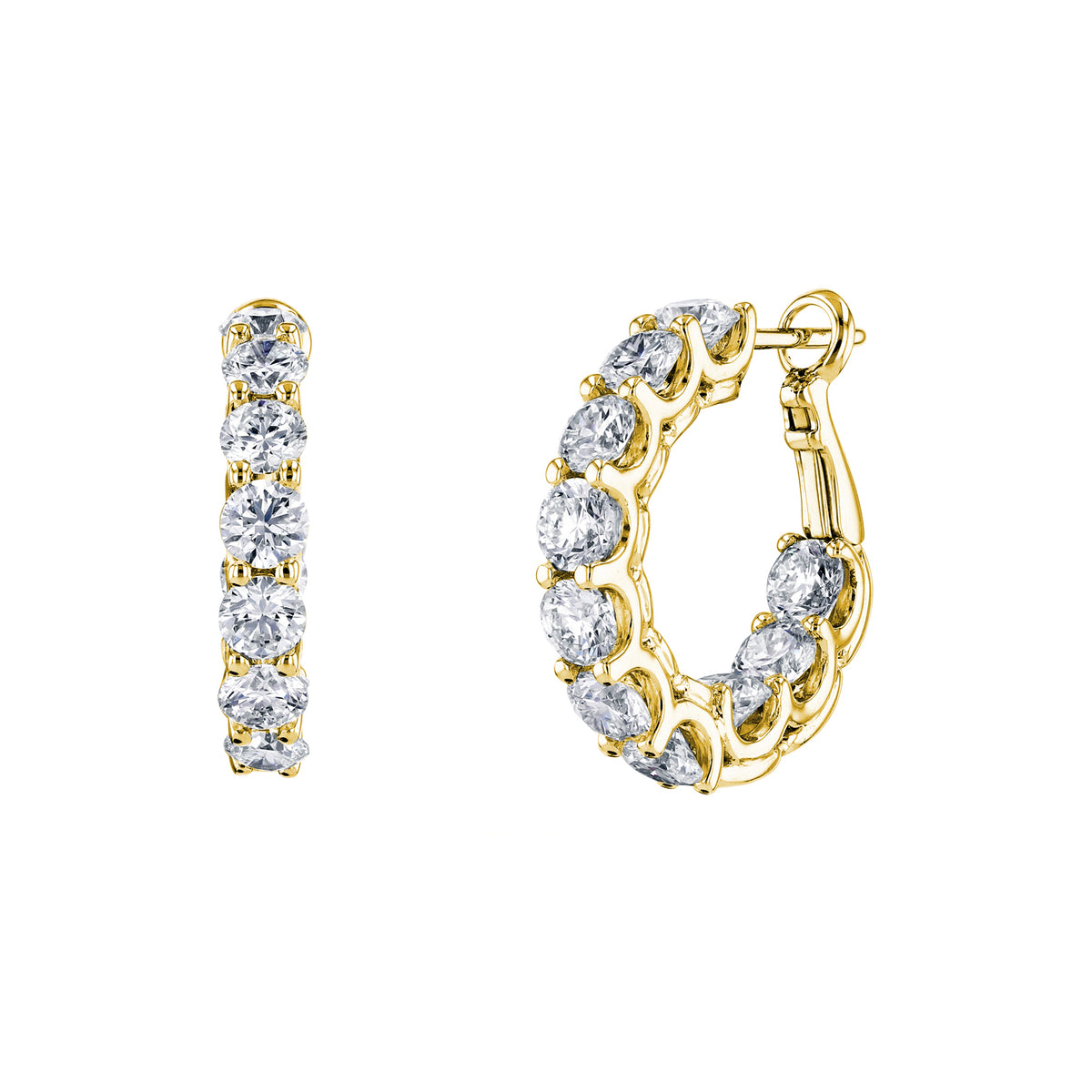 18K Yellow Gold Round Diamond Shared Prong Hoop Earrings - NAGI