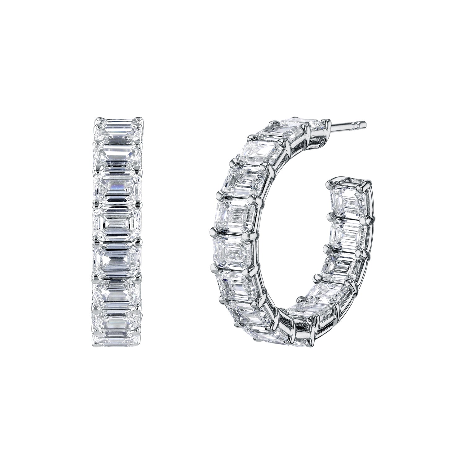 18K White Gold Emerald Cut Diamond Hoop Earrings - NAGI