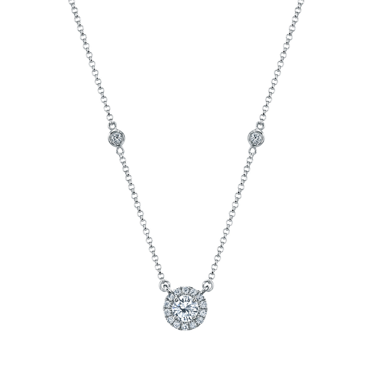 18K White Gold Round Halo Diamond Necklace - NAGI