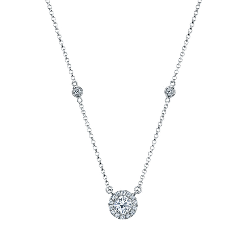 18K White Gold Round Halo Diamond Necklace - NAGI