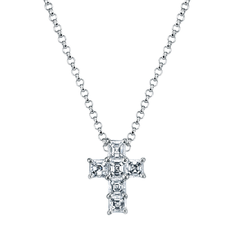18K White Gold Asscher Cut Diamond Cross Necklace - NAGI