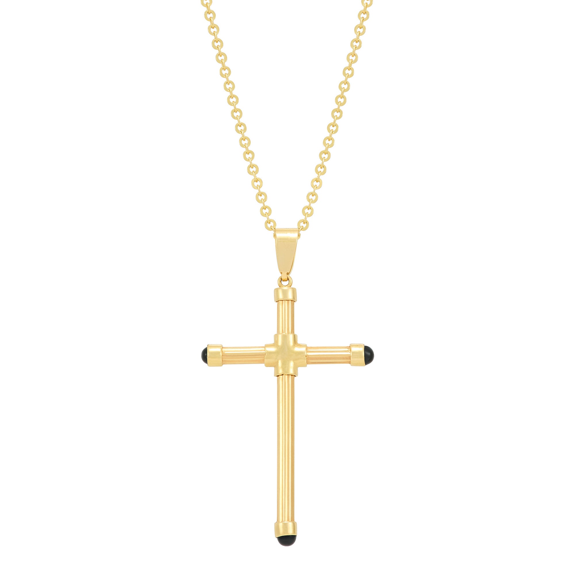 14K Yellow Gold  Tube Cross with Onyx Necklace