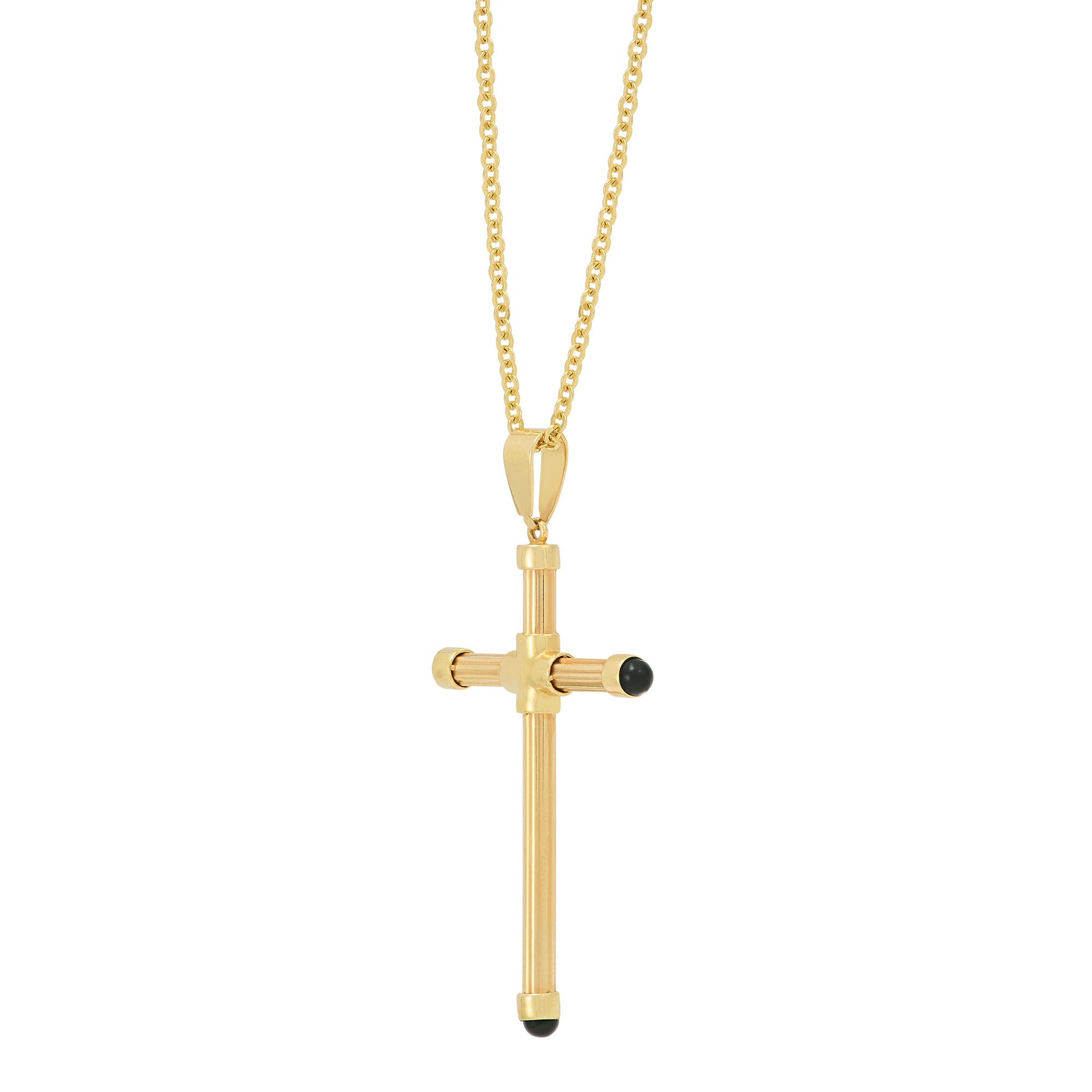 14K Yellow Gold  Tube Cross with Onyx Necklace