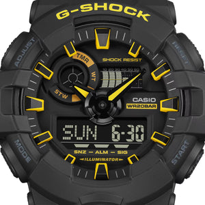 Turn heads and grab attention with a rugged timepiece boasting a bold, eye-catching black and yellow color scheme.     Tough, yet stylish designs feature basic black, accented with touches of the bright yellow used for emergency rescues and safety signs. A cool, versatile look that complements both casual and work styles.