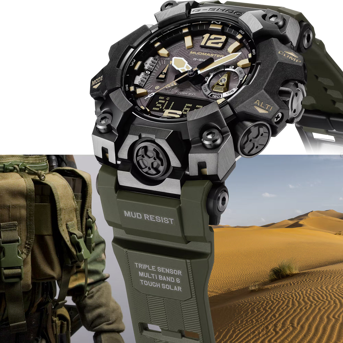 Casio G-Shock Mudmaster Tan Accents Green Compass Watch GWGB1000-1A3