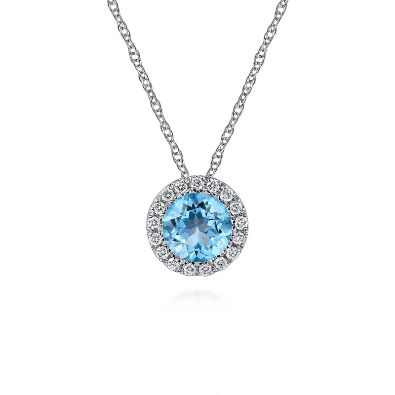 Gabriel & Co. 14K White Gold Round Swiss Blue Topaz and Diamond Halo Pendant Necklace