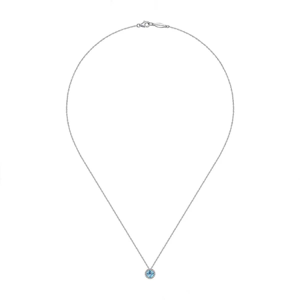 Gabriel & Co. 14K White Gold Round Swiss Blue Topaz and Diamond Halo Pendant Necklace Image 1