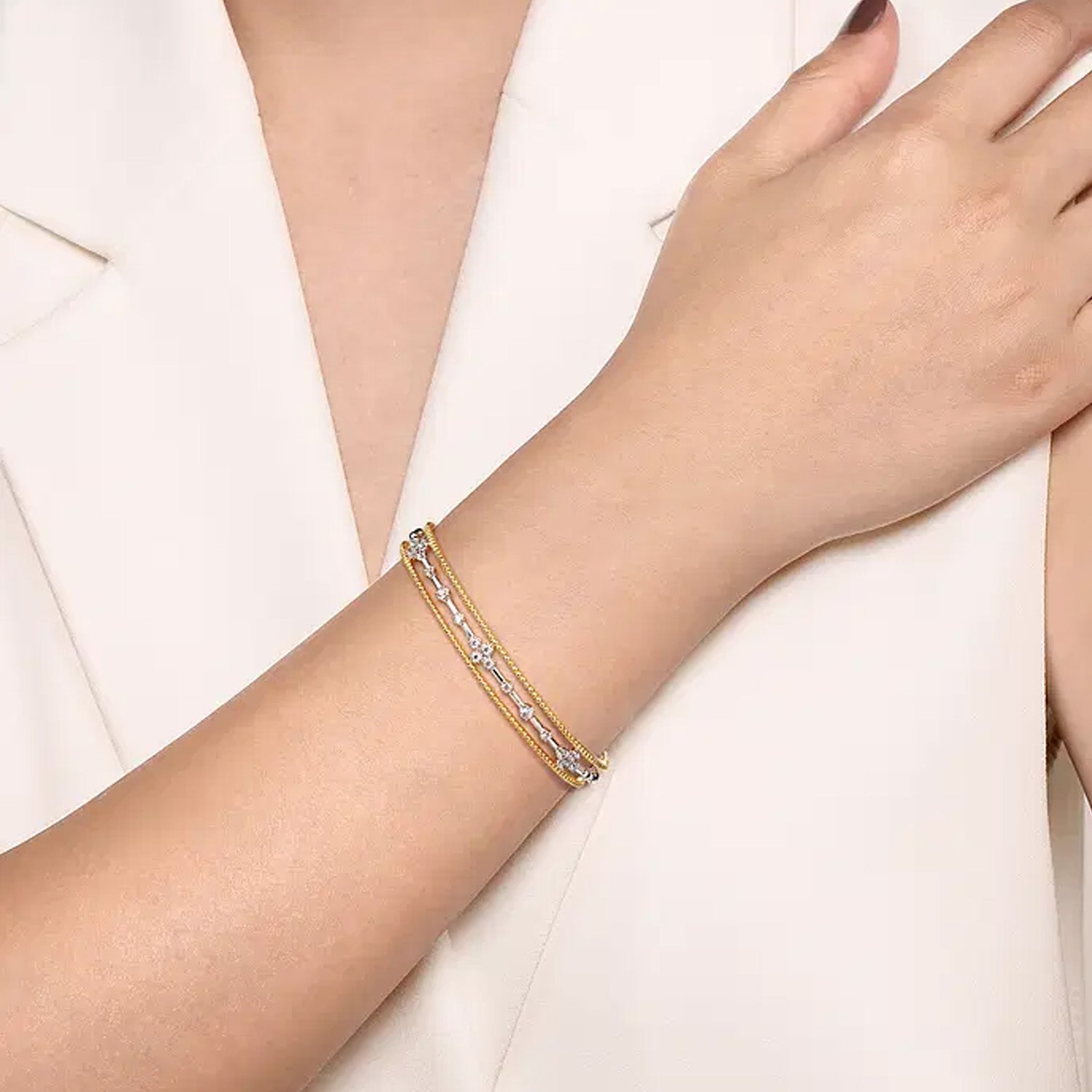Gabriel & Co. 14K White Gold and Yellow Gold Diamond Bujukan Cuff Bangle img3