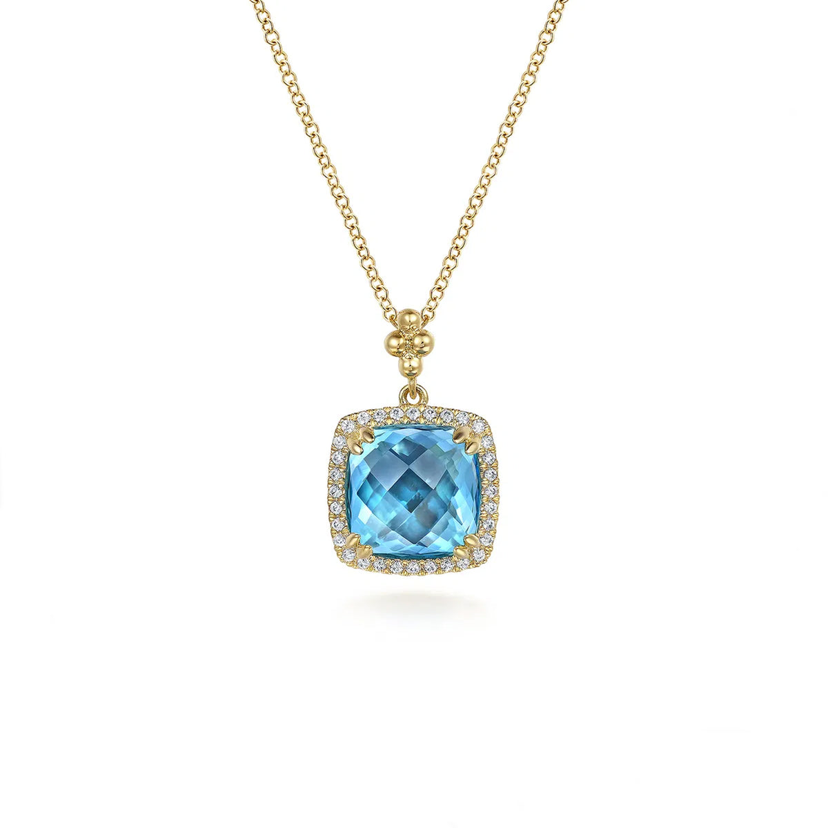 Gabriel & Co. 14K Yellow Gold Cushion Blue Topaz with Diamond Necklace