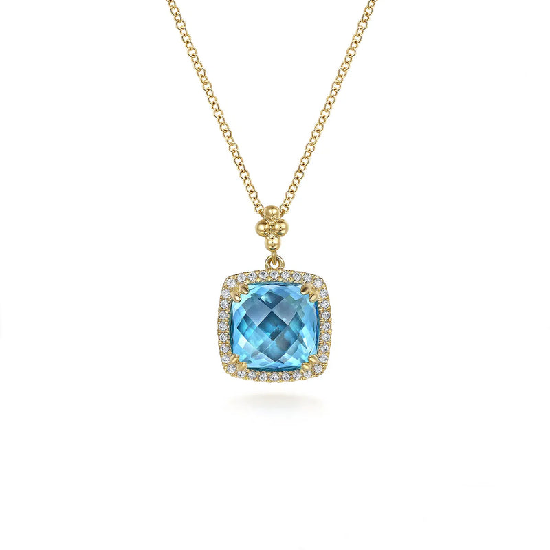 Gabriel & Co. 14K Yellow Gold Cushion Blue Topaz with Diamond Necklace
