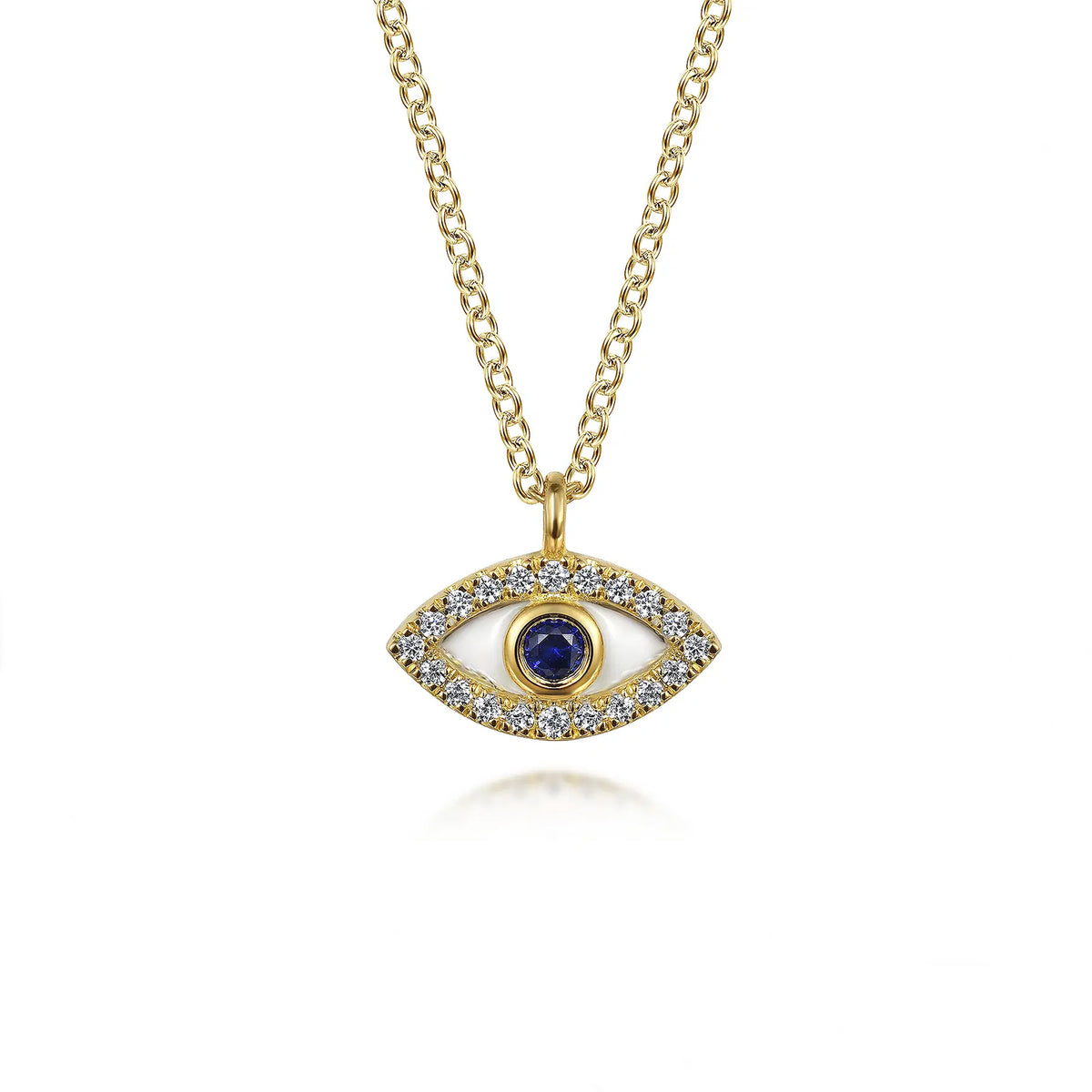 Gabriel & Co. 14K Yellow Gold Diamond and Sapphire Evi Eye Pendant Necklace with White Enamel