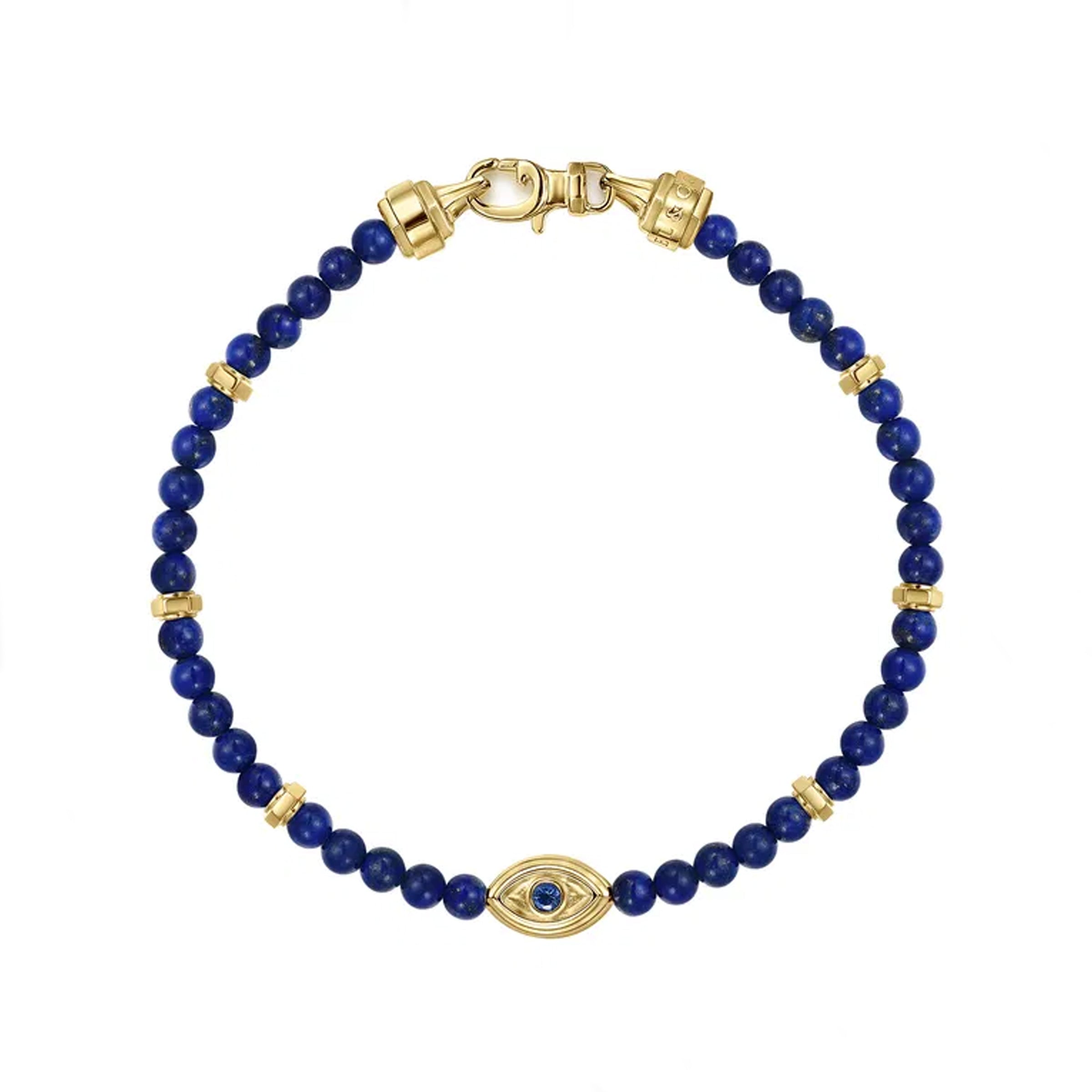 Gabriel & Co. 14K Yellow Gold Lapis and Sapphire Beaded Bracelet with Evil eye