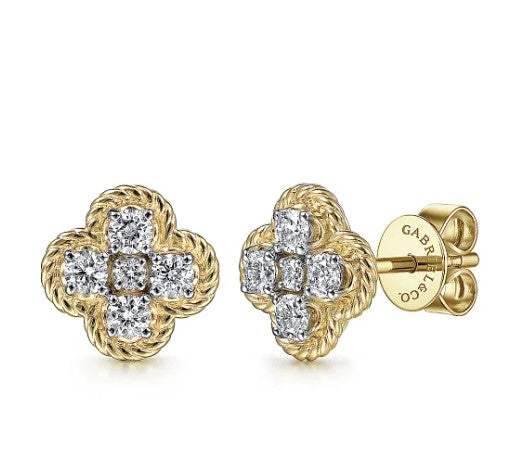 Gabriel & Co. 14K Yellow Gold Twisted Rope Clover Diamond Stud Earrings