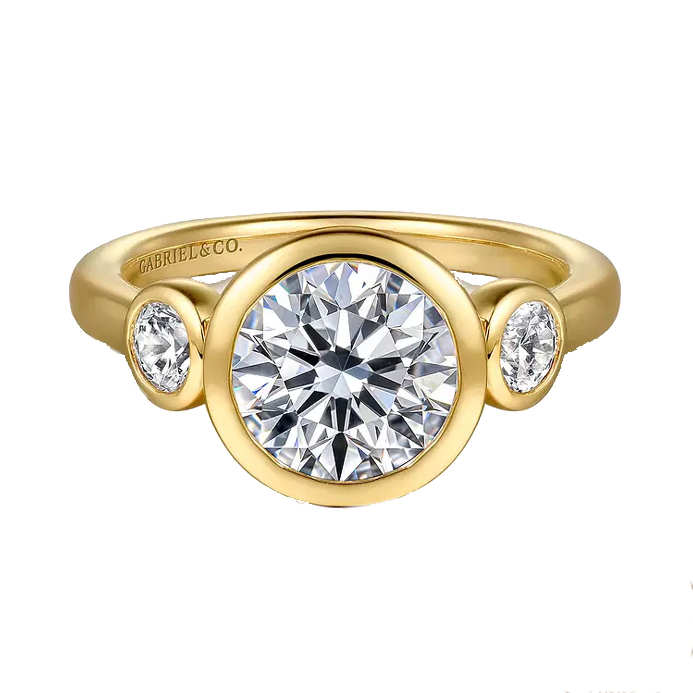 Gabriel & Co. Henley 14K Yellow Gold Round 3 Stone Bezel Set Diamond Engagement Ring img1