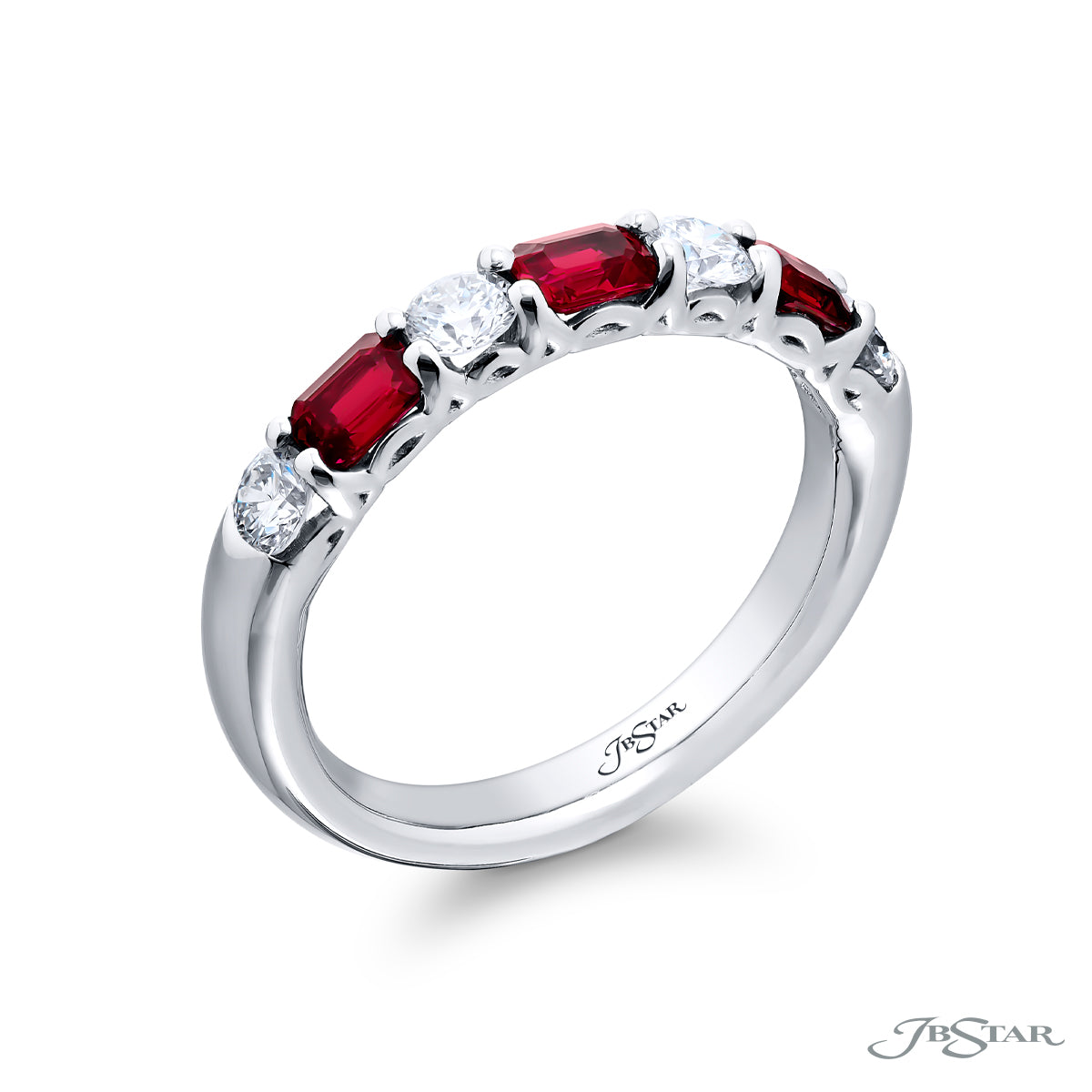 JB Star Platinum East West Emerald Cut Ruby & Round Diamond Band img1