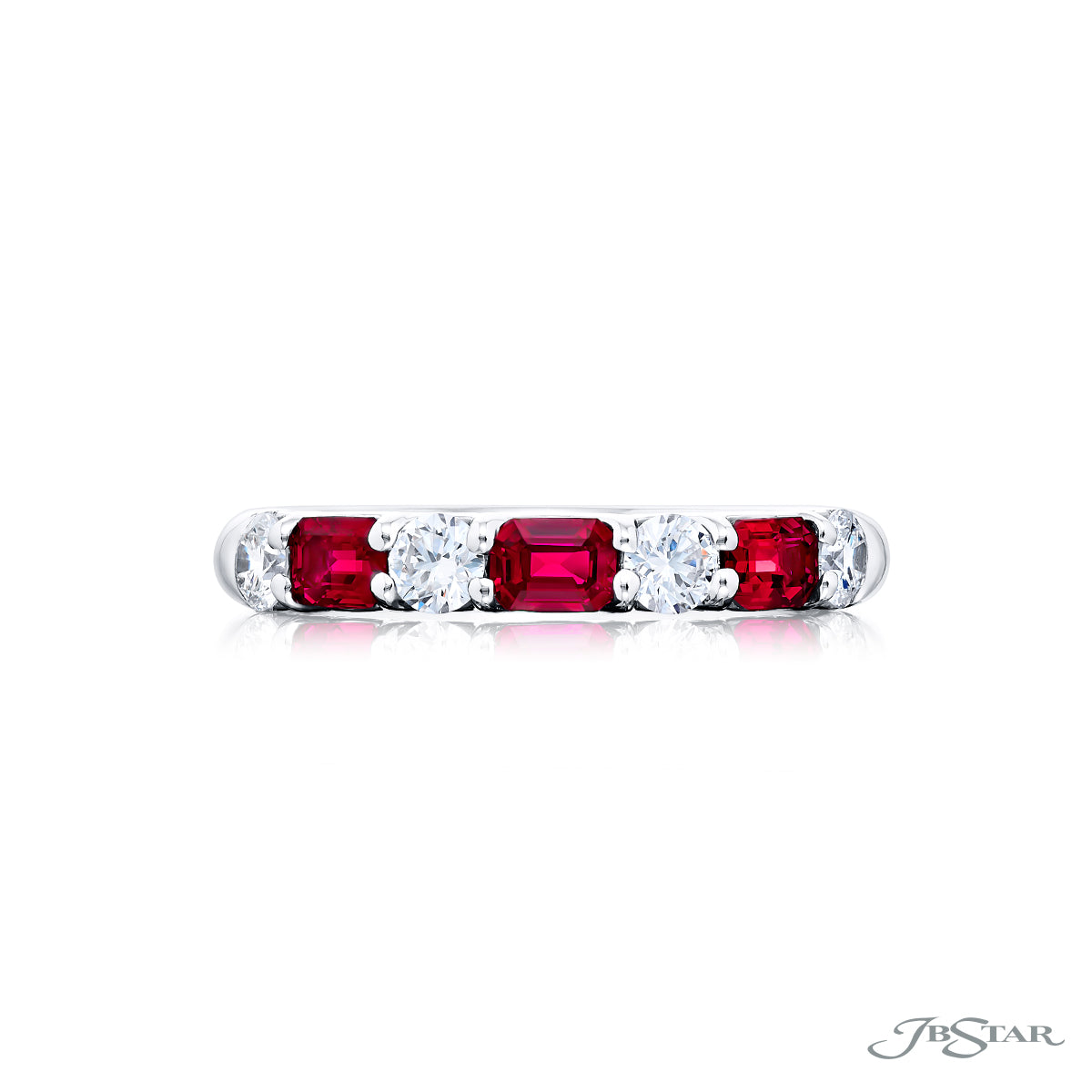 JB Star Platinum East West Emerald Cut Ruby & Round Diamond Band img2