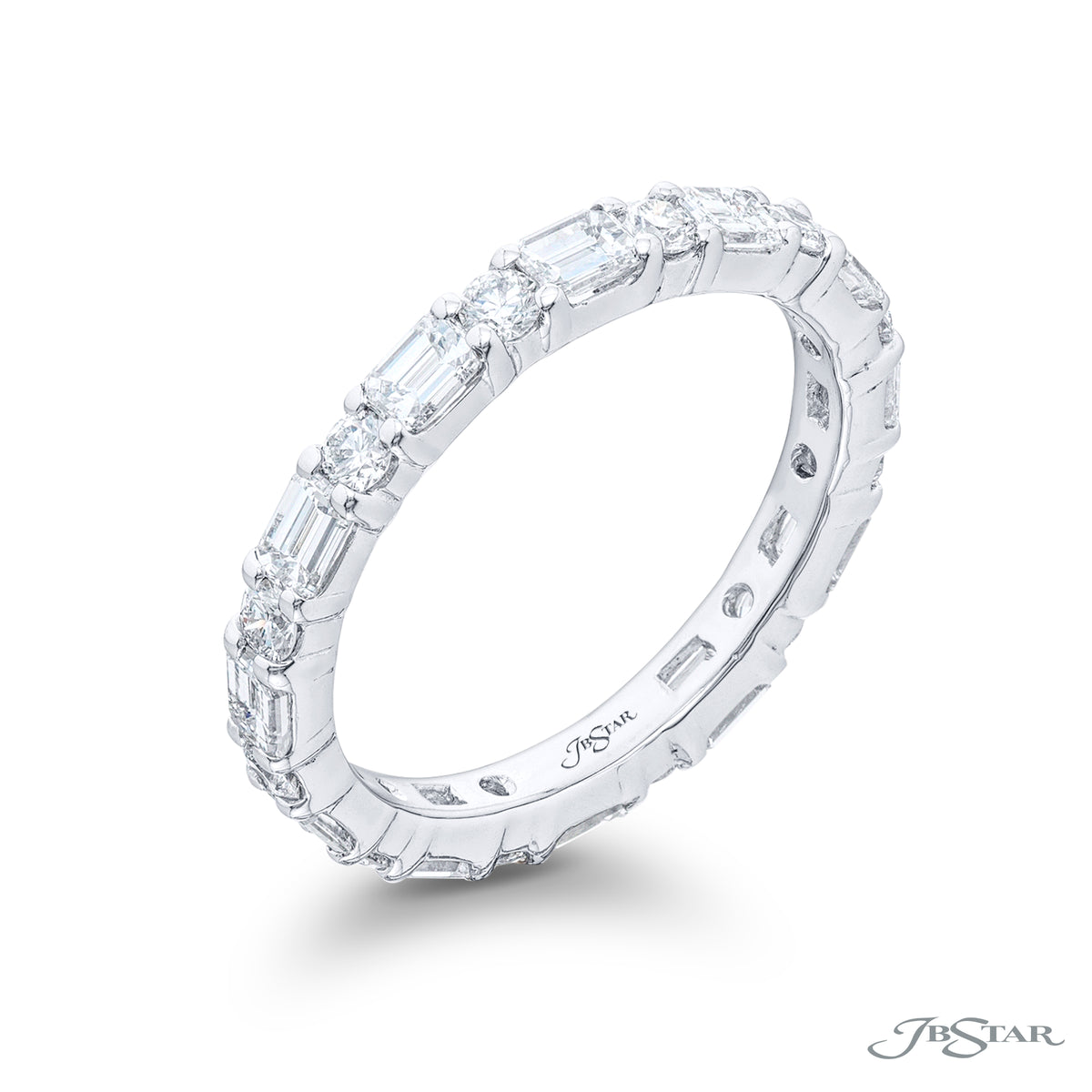 JB Star Platinum East West Eternity Emerald & Round Cut Diamond Band img1
