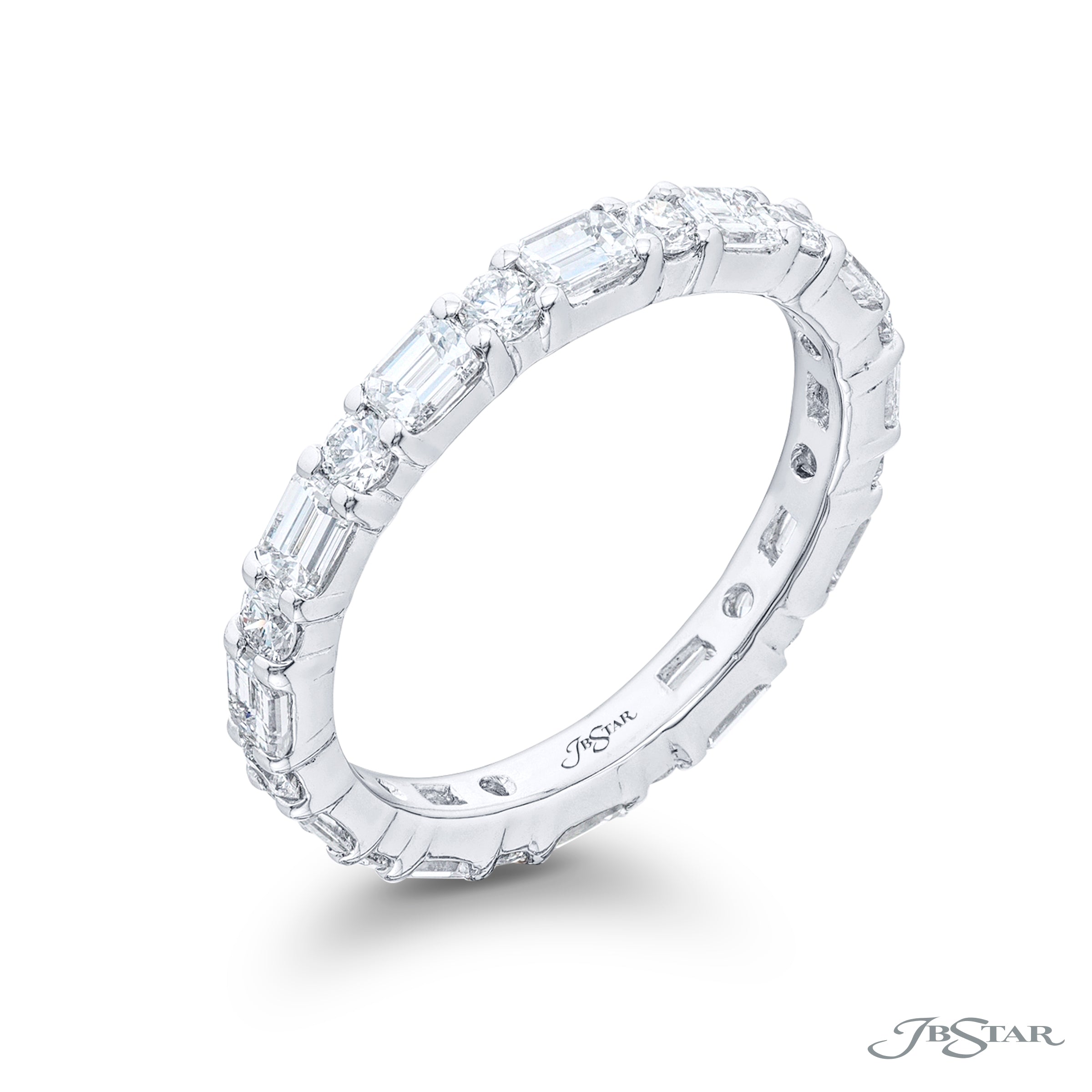 JB Star Platinum East West Eternity Emerald & Round Cut Diamond Band img1