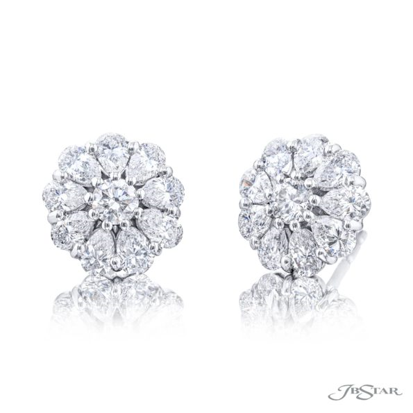 JB Star Platinum Pear & Round Diamond Cluster Stud Earrings