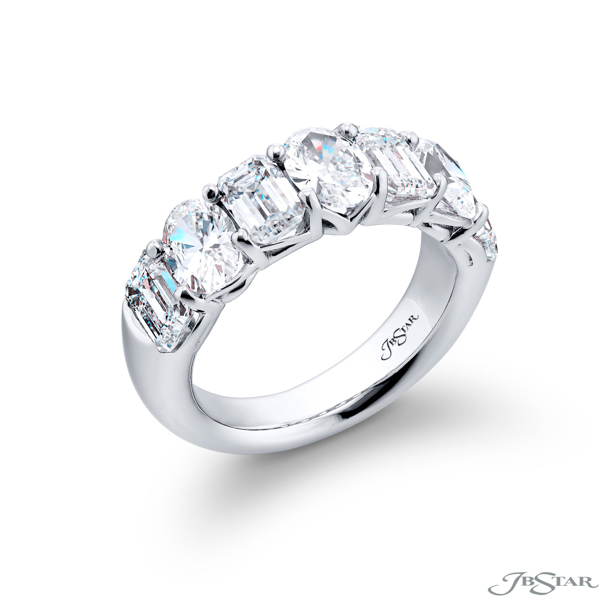 JB Star Platinum Shared Prong Emerald & Oval Cut Diamond Band img1