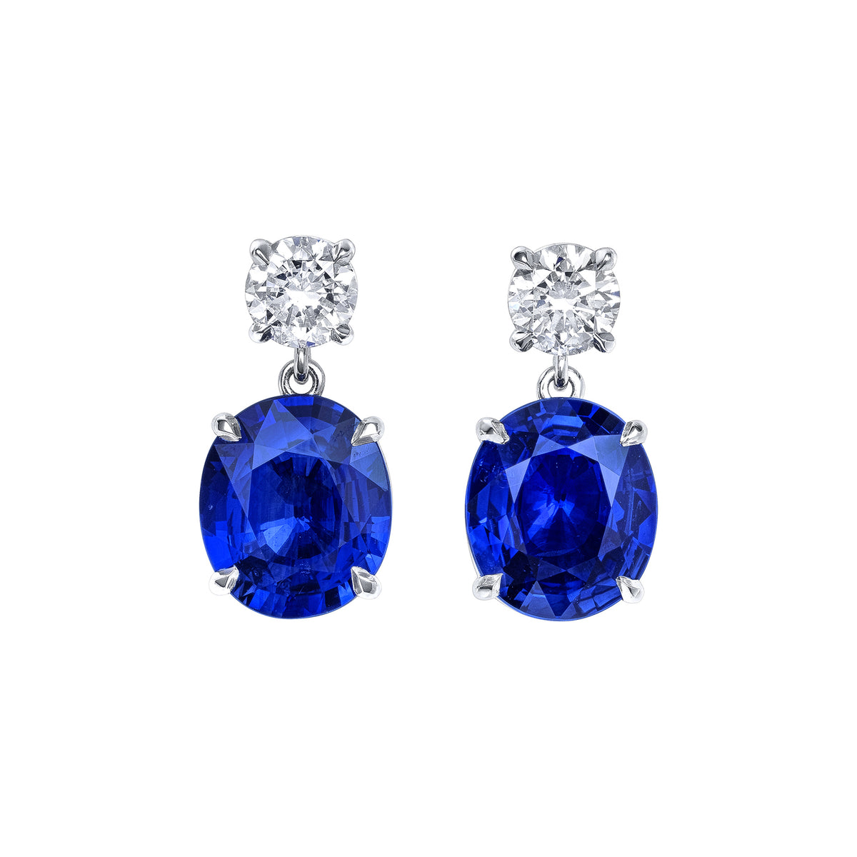18K White Gold Diamond and Oval Sapphire Drop Earrings