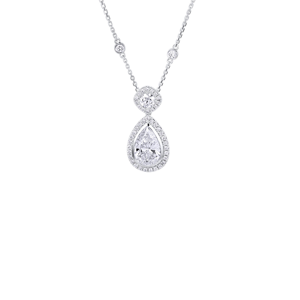 18K White Gold Pear and Round Diamond Halo Drop Necklace