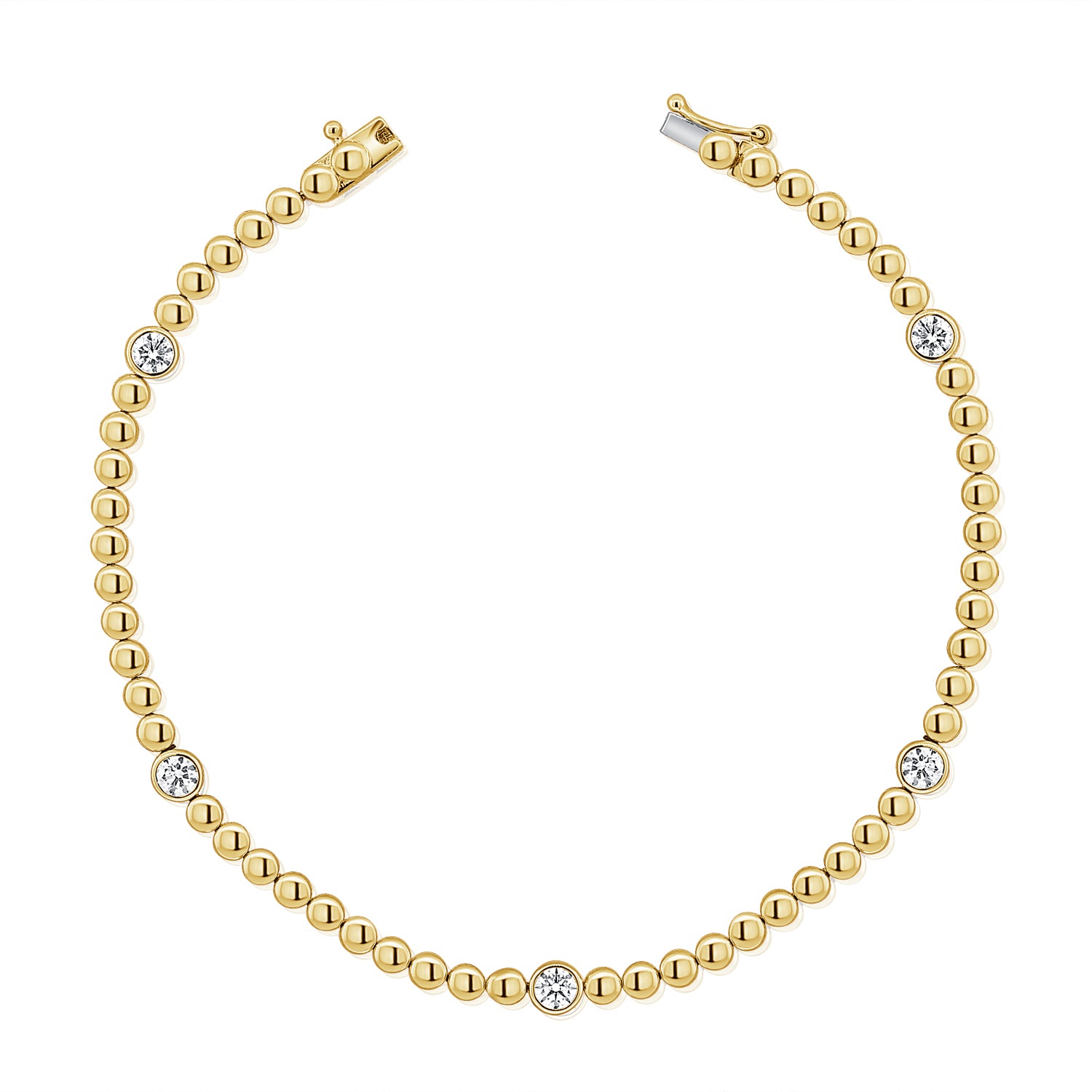 14K Yellow Gold Flat Bead with Bezel Set Diamond Bracelet