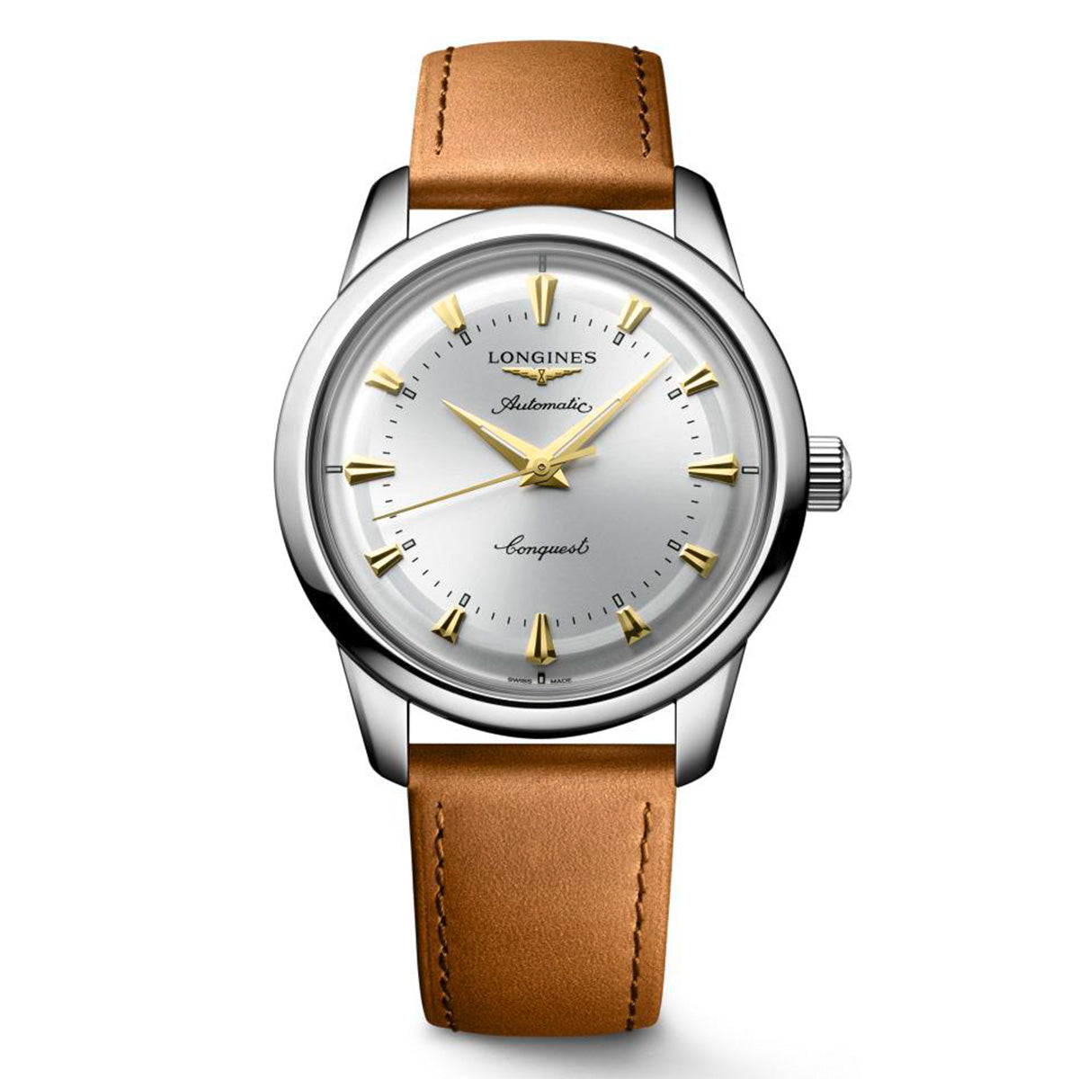 Longines Conquest 40MM Heritage Automatic Watch Silver Dial Brown Leather Strap L16504722
