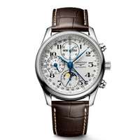 Longines Masters 40MM Automatic Watch Chrono Moonphase, White Dial Brown Strap L26734783