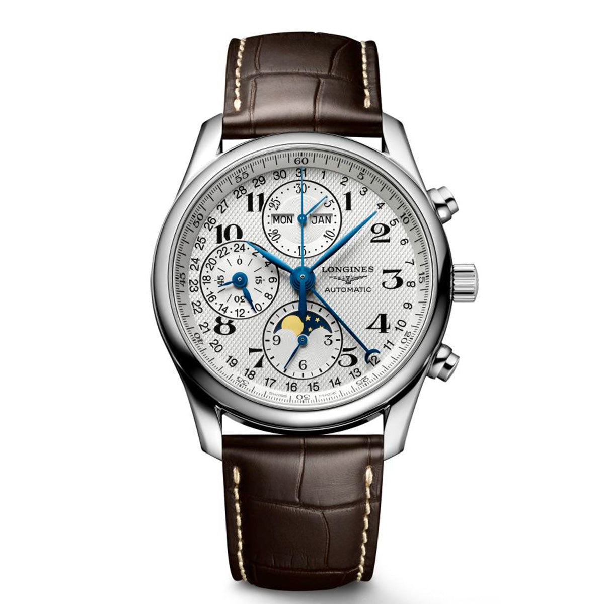 Longines Masters 40MM Automatic Watch Chrono Moonphase, White Dial Brown Strap L26734783