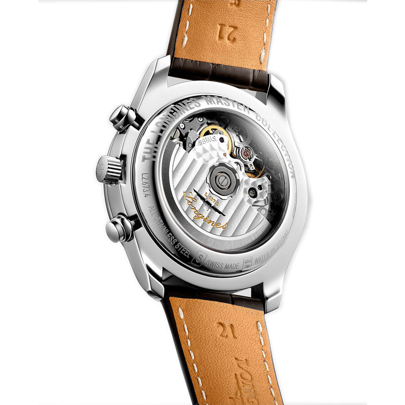 Longines Masters 40MM Automatic Watch Chrono Moonphase, White Dial Brown Strap L26734783