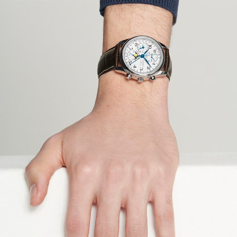Longines Masters 40MM Automatic Watch Chrono Moonphase, White Dial Brown Strap L26734783