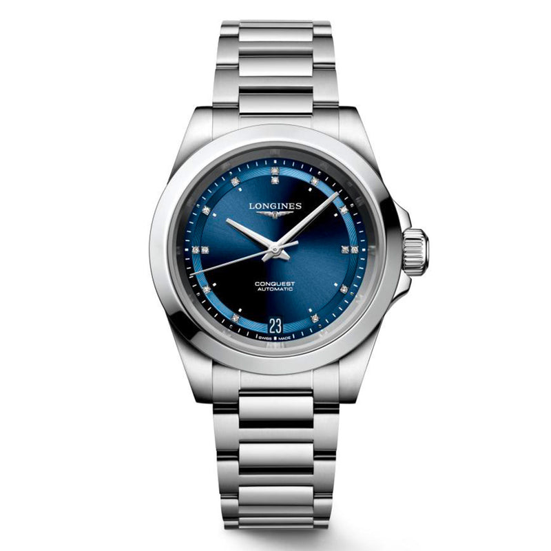 Longines Conquest 34MM Automatic Watch Blue Dial, Diamonds, Stainless Steel  Bracelet L34304976 - NAGI