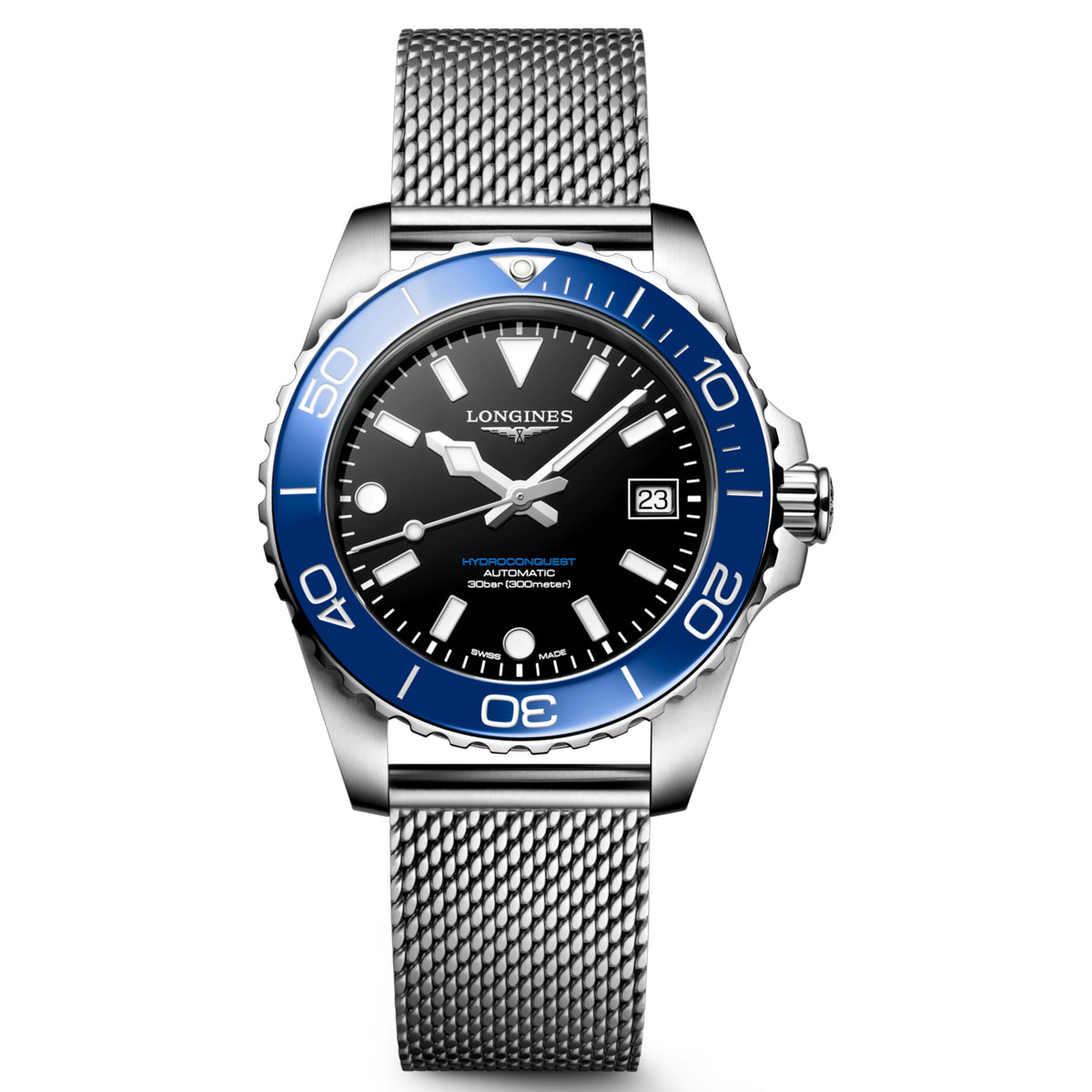 Longines Hydroconquest 39MM Black Dial Blue Bezel Mesh Steel Watch L37794906