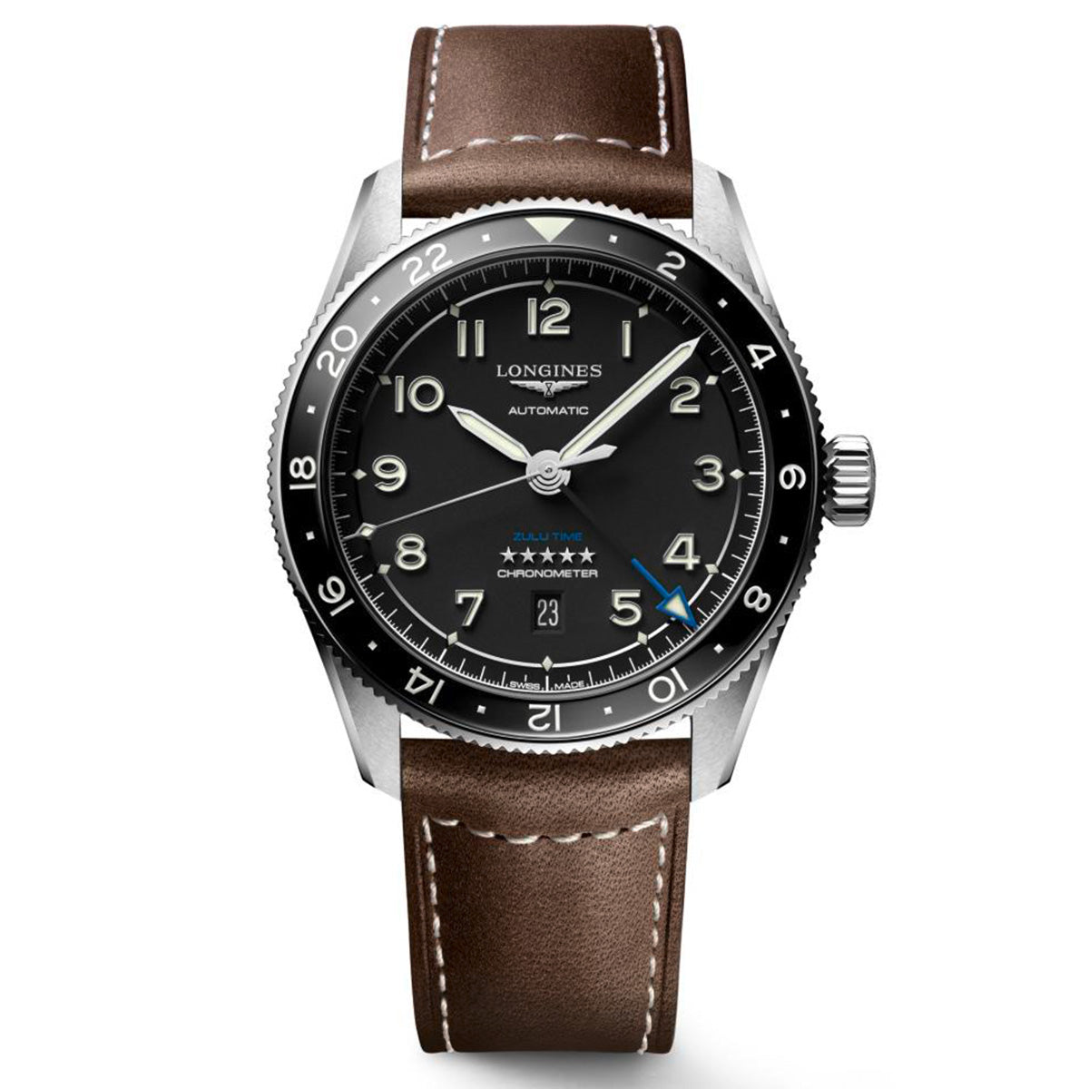 Longines Spirit Zulu Time 42MM Automatic GMT Watch Black Dial Brown Leather Strap L38124532