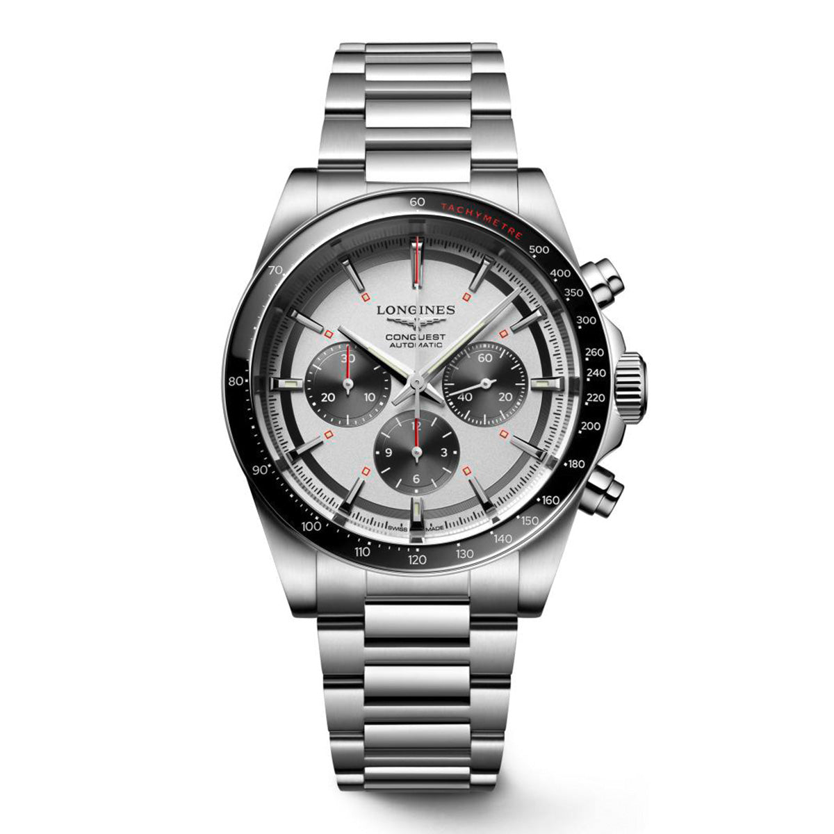 Longines Conquest 42MM Automatic Watch Chronograph Silver Dial Stainless Steel Bracelet L38354726