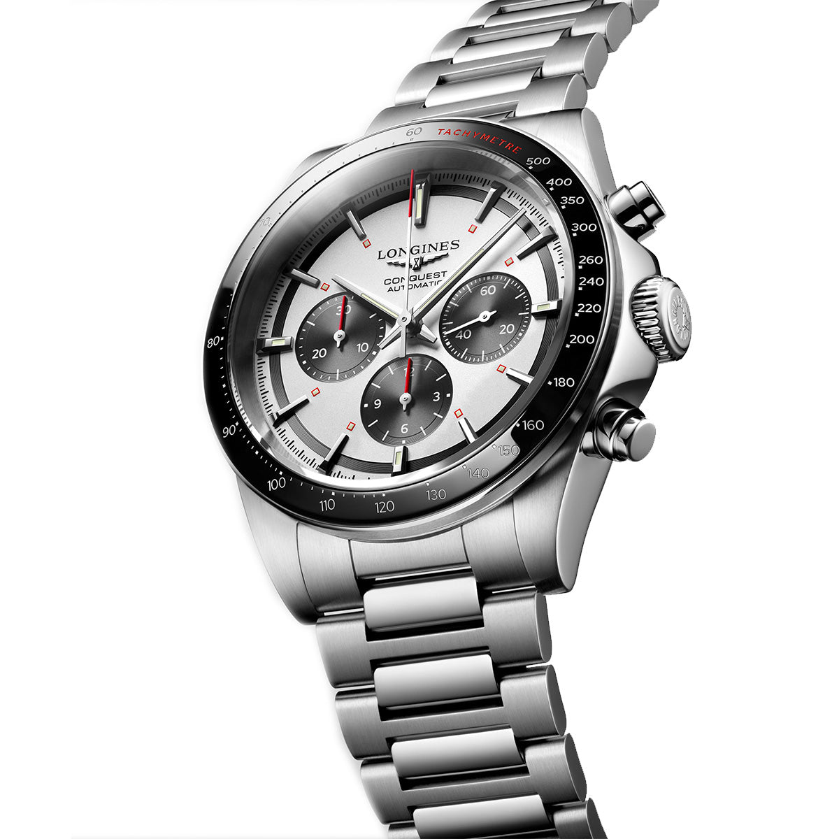 Longines Conquest 42MM Automatic Watch Chronograph Silver Dial Stainless Steel Bracelet L38354726